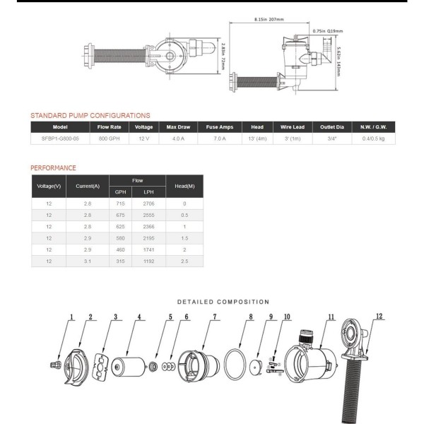 Аэратор горизонтальный Seaflo (SFBP1-G800-05)