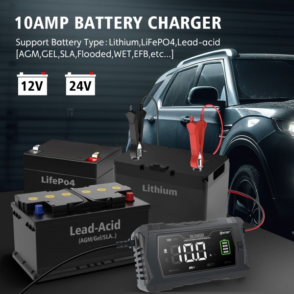 Зарядка HT-RC 10A 12V/24V Battery Charger Car Adaptive Fast Charging Lithium Lifepo4 Lead-Acid (HT-RC 10A BLACK)
