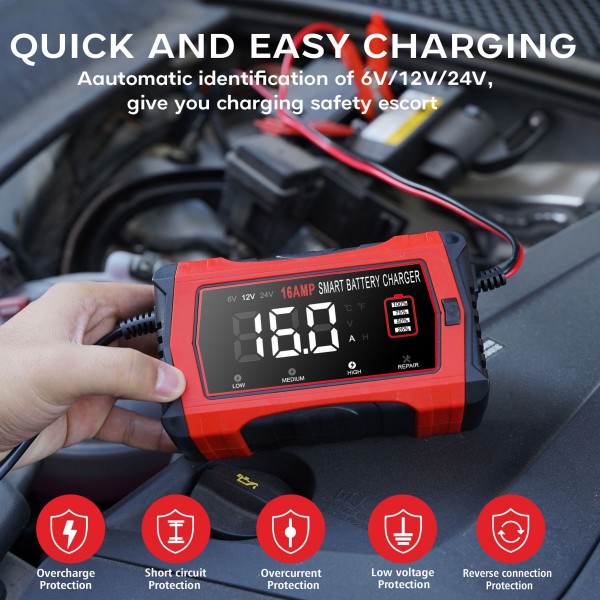 Зарядка HT-RC 12V 16A / 24V 10A Car Battery Charger Lithium LiFePO4 AGM GEL Lead-Acid Batteries (HT-RC 16A)